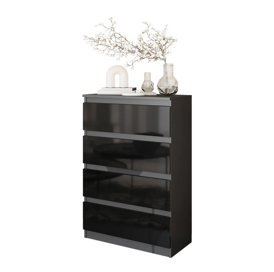 GABRIEL - Commode 4 Tiroirs - Table de Chevet Buffet - H92cm L60cm P33cm (Anthracite / Noir Brillant)