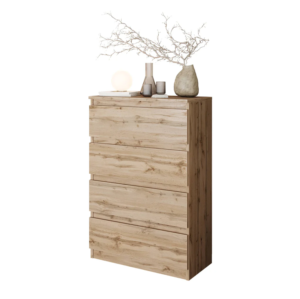 GABRIEL - Commode 4 Tiroirs - Table de Chevet Buffet - H92cm L60cm P33cm (Chêne Wotan)