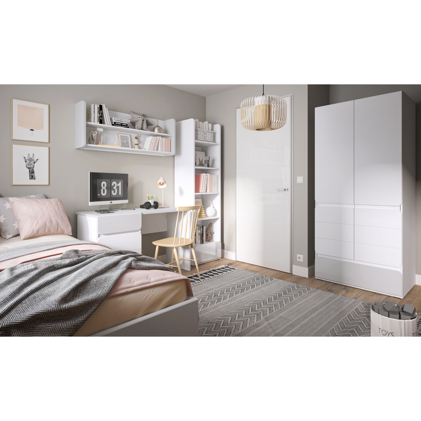 ALBI III - Ensemble de Meubles de Chambre pour Jeunes - Blanc Matt / Gris Froid Brillant