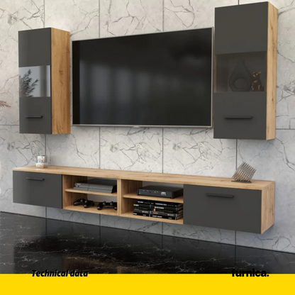 MIRANDA - Meuble TV Suspendu - 4 Armoires - Chêne Wotan / Gris Anthracite