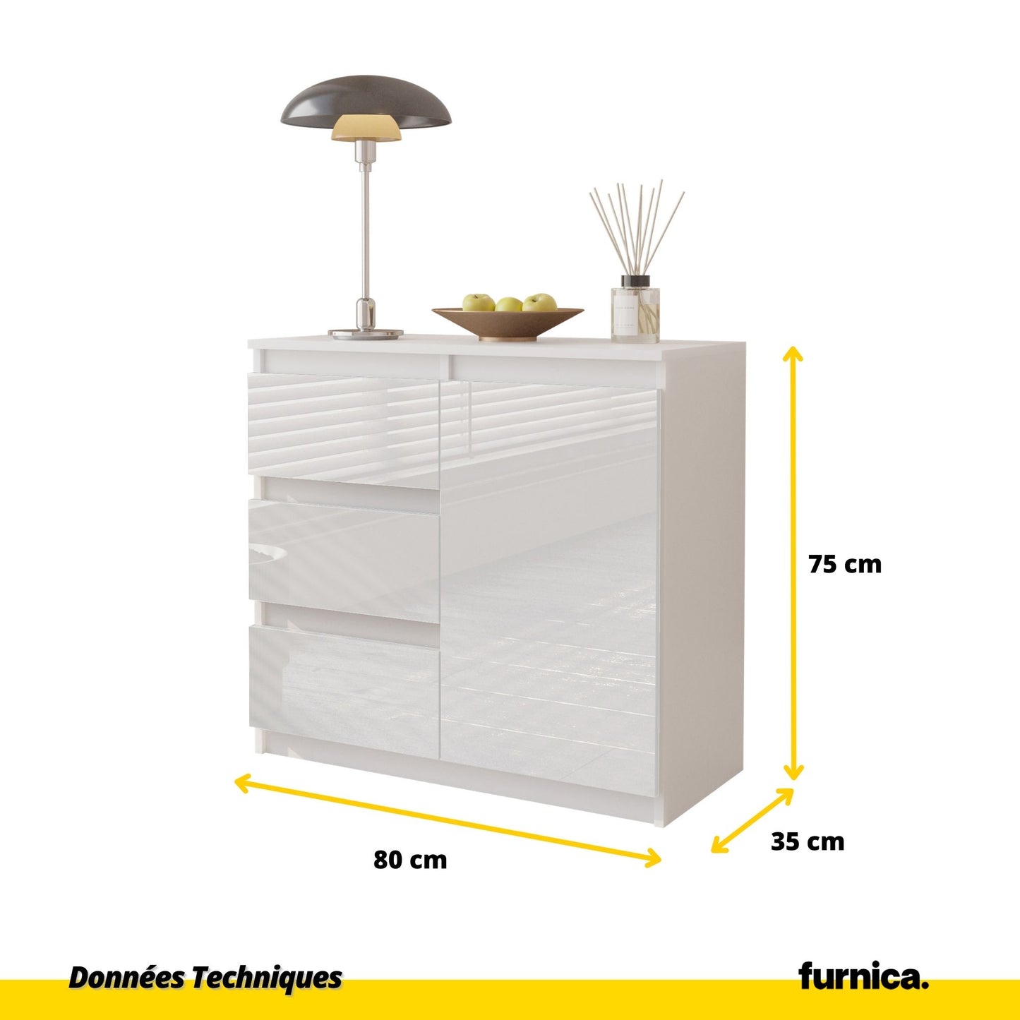 MIKEL - Commode 3 Tiroirs et 1 Porte - Armoire de Rangement pour Couloir/Chambre à Coucher - Buffet - H75cm L80cm P35cm (Blanc Matt/Blanc Brillant)