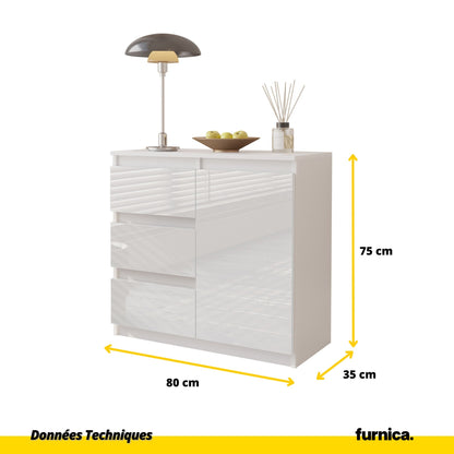 MIKEL - Commode 3 Tiroirs et 1 Porte - Armoire de Rangement pour Couloir/Chambre à Coucher - Buffet - H75cm L80cm P35cm (Blanc Matt/Blanc Brillant)
