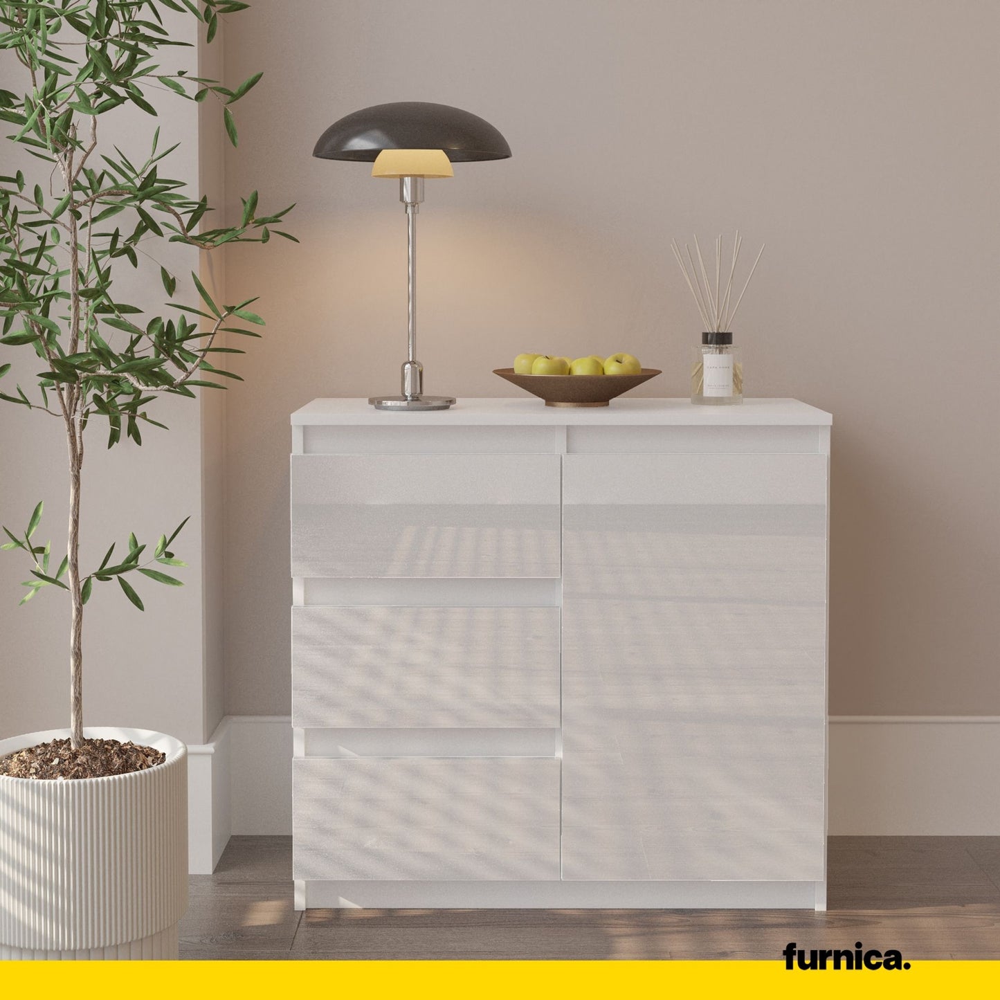 MIKEL - Commode 3 Tiroirs et 1 Porte - Armoire de Rangement pour Couloir/Chambre à Coucher - Buffet - H75cm L80cm P35cm (Blanc Matt/Blanc Brillant)