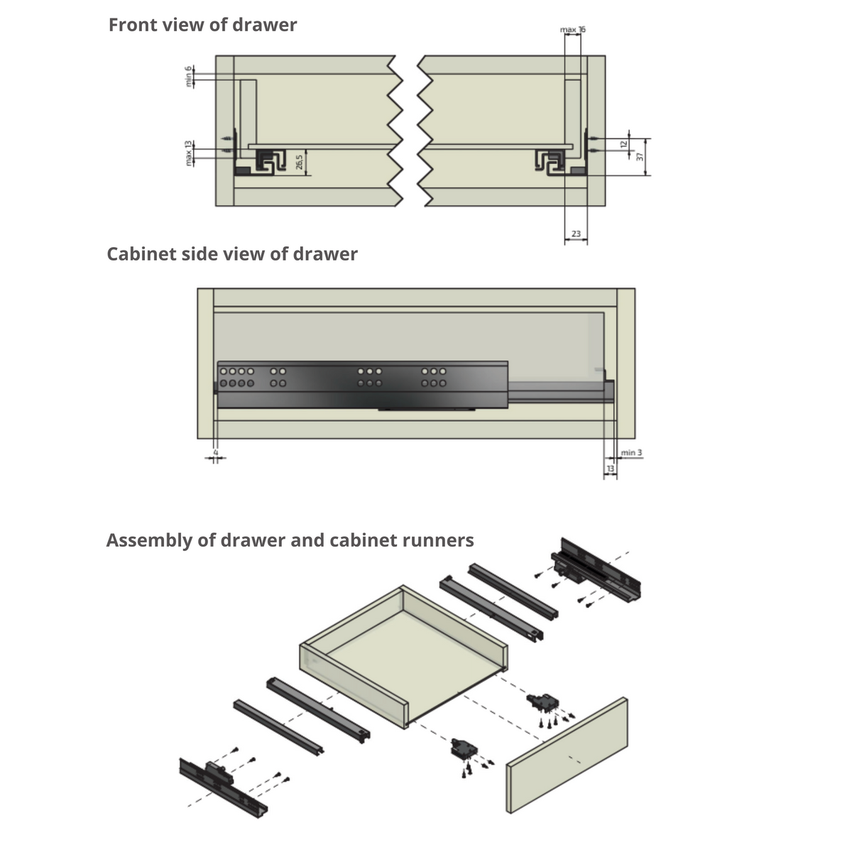 Ensemble de glissières dissimulée à ouverture par poussée (gauche et droite), extension complète 270mm (4) – Furnica