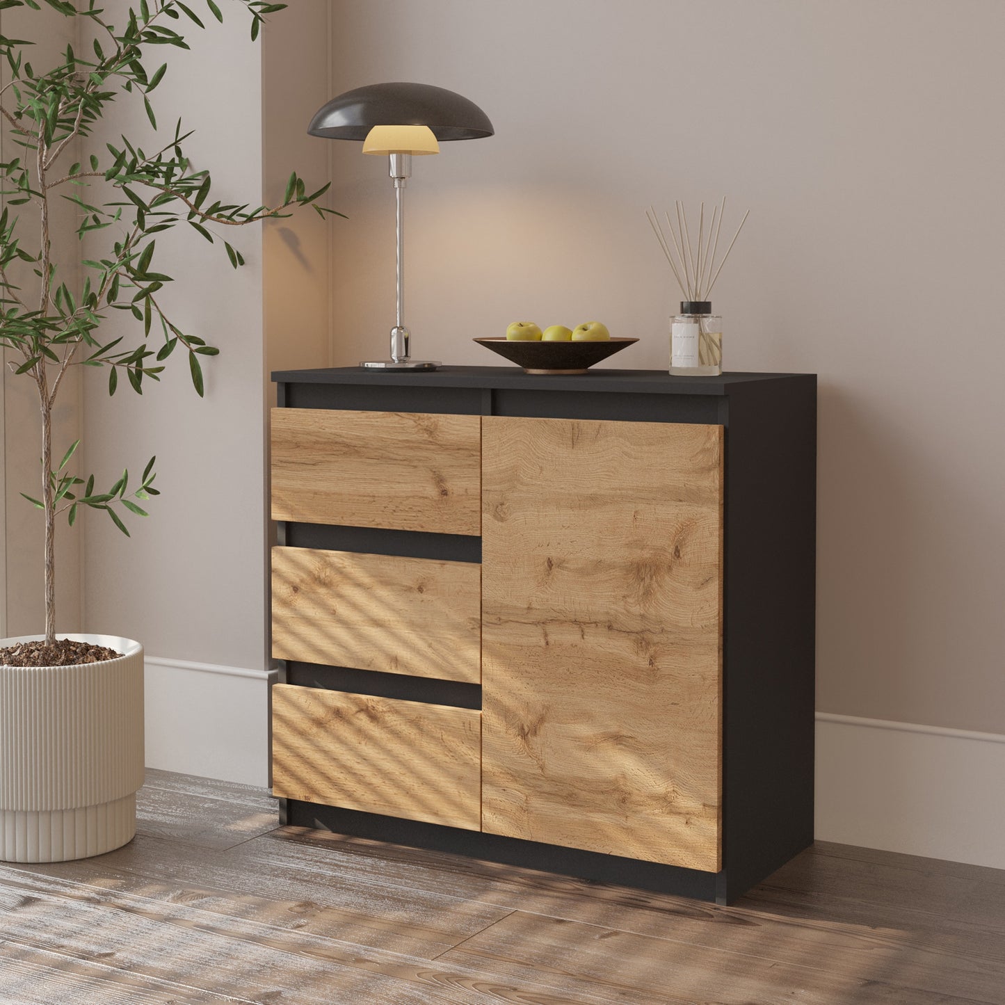 MIKEL - Commode 3 Tiroirs et 1 Porte - Armoire de Rangement pour Couloir / Chambre à Coucher - Buffet - H75cm L80cm P35cm (Anthracite / Chêne Wotan)