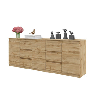 MIKEL - Commode 6 Tiroirs et 3 Portes - Armoire de Rangement pour Couloir / Chambre à Coucher - Buffet - Chêne Wotan H75cm L200cm P35cm