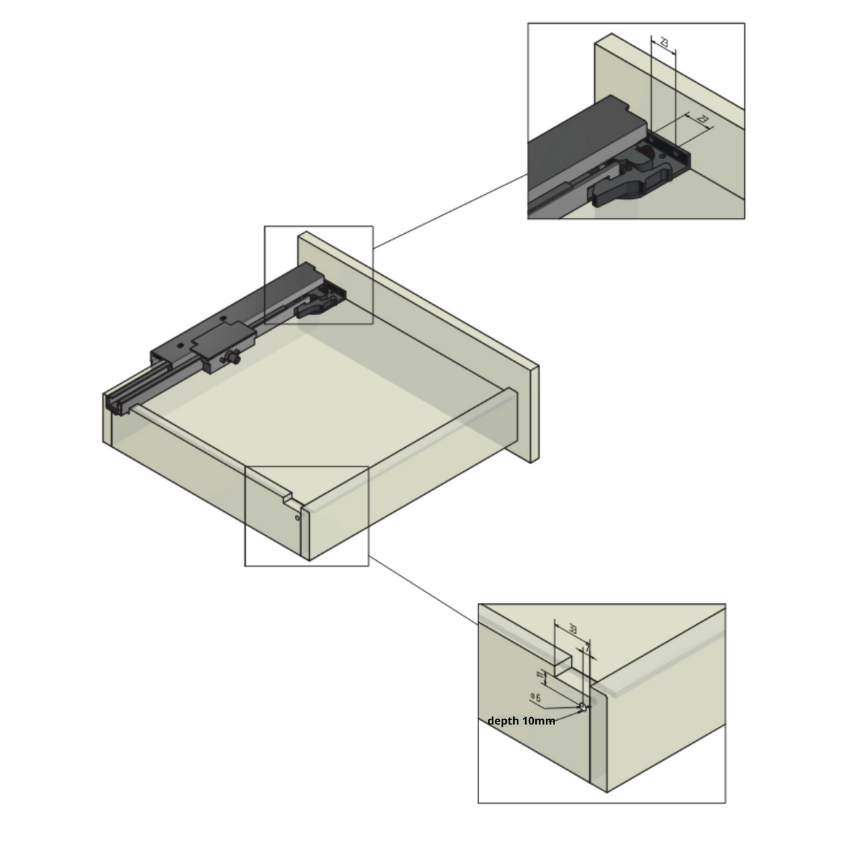 Ensemble de glissières dissimulée à ouverture par poussée (gauche et droite), extension complète 270mm (5) – Furnica