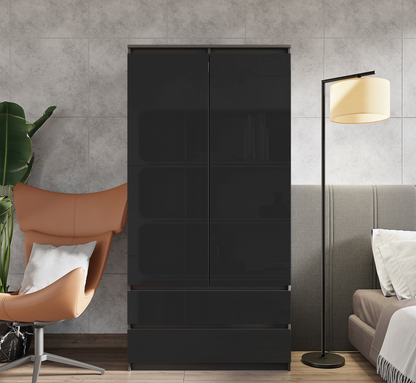 JOELLE - Armoire 2 Portes avec 2 Tiroirs - Anthracite / Noir Brillant H180cm L90cm P50cm