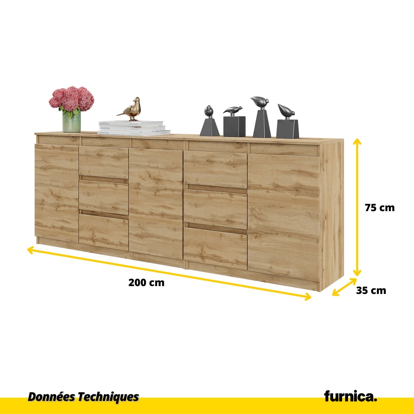MIKEL - Commode 6 Tiroirs et 3 Portes - Armoire de Rangement pour Couloir / Chambre à Coucher - Buffet - Chêne Wotan H75cm L200cm P35cm