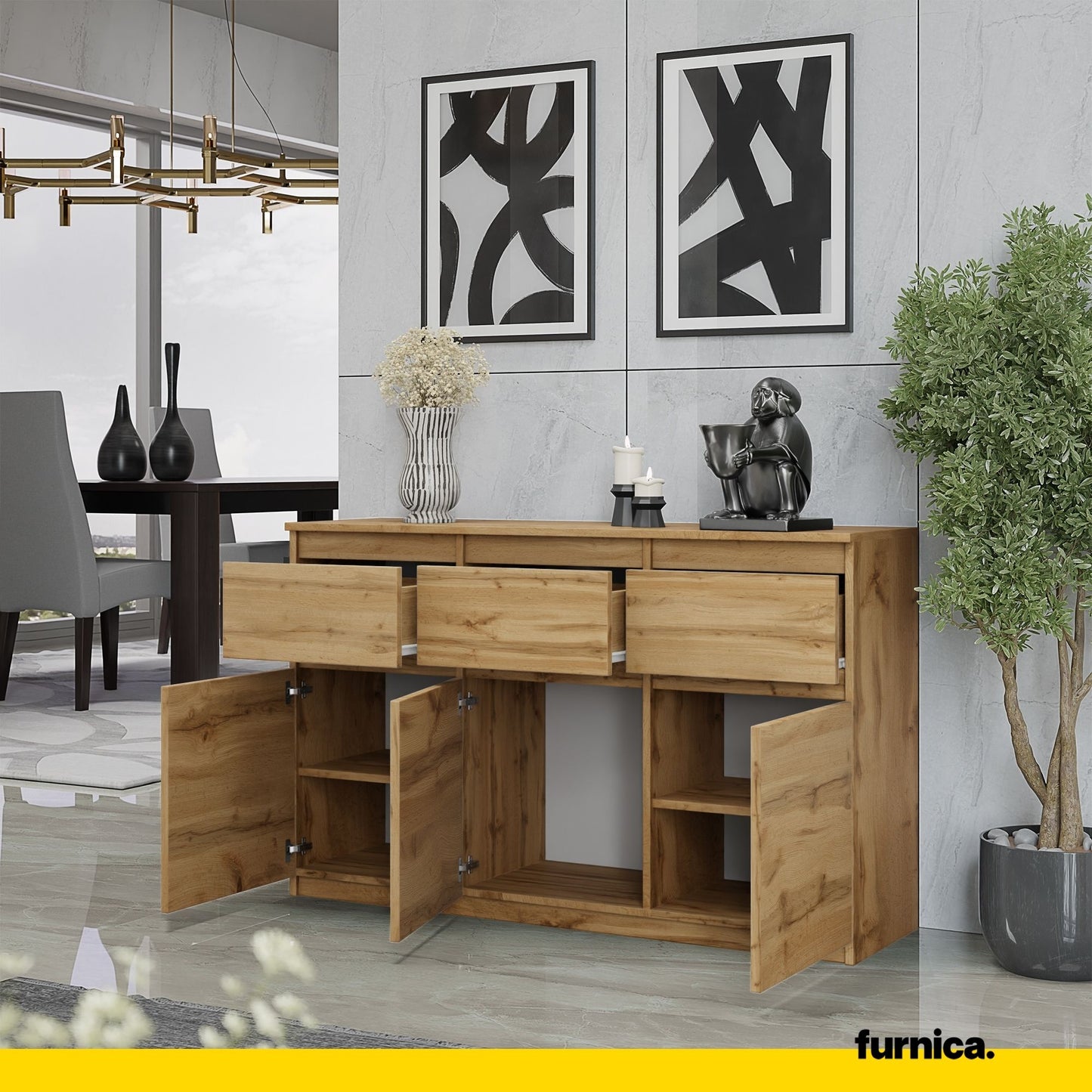 NOAH - Commode 3 Tiroirs et 3 Portes - Meuble de Rangement pour Couloir / Chambre - Buffet - H75cm L120cm P35cm (Chêne Wotan)