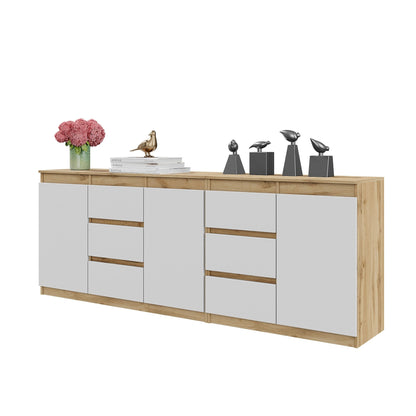 MIKEL - Commode 6 Tiroirs et 3 Portes - Armoire de Rangement pour Couloir / Chambre à Coucher - Buffet - Chêne Wotan / Blanc Matt H75cm L200cm P35cm