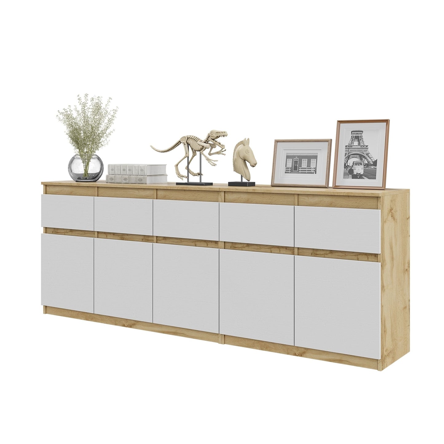 NOAH - Commode 5 Tiroirs et 5 Portes - Armoire de Rangement pour Couloir / Chambre à Coucher - Buffet - Chêne Wotan / Blanc Matt H75cm L200cm P35cm