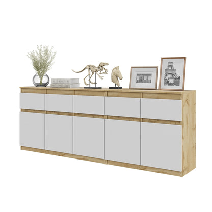 NOAH - Commode 5 Tiroirs et 5 Portes - Armoire de Rangement pour Couloir / Chambre à Coucher - Buffet - Chêne Wotan / Blanc Matt H75cm L200cm P35cm