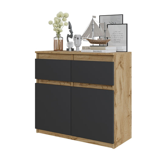 NOAH - Commode 2 Tiroirs et 2 Portes - Meuble de Rangement pour Couloir/Chambre - Buffet - H75cm L80cm P35cm (Chêne Wotan/Anthracite)