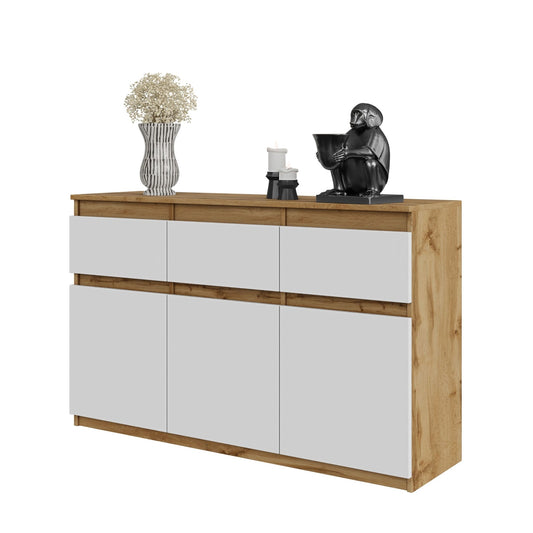 NOAH - Commode 3 Tiroirs et 3 Portes - Meuble de Rangement pour Couloir / Chambre - Buffet - H75cm L120cm P35cm (Chêne Wotan / Blanc)