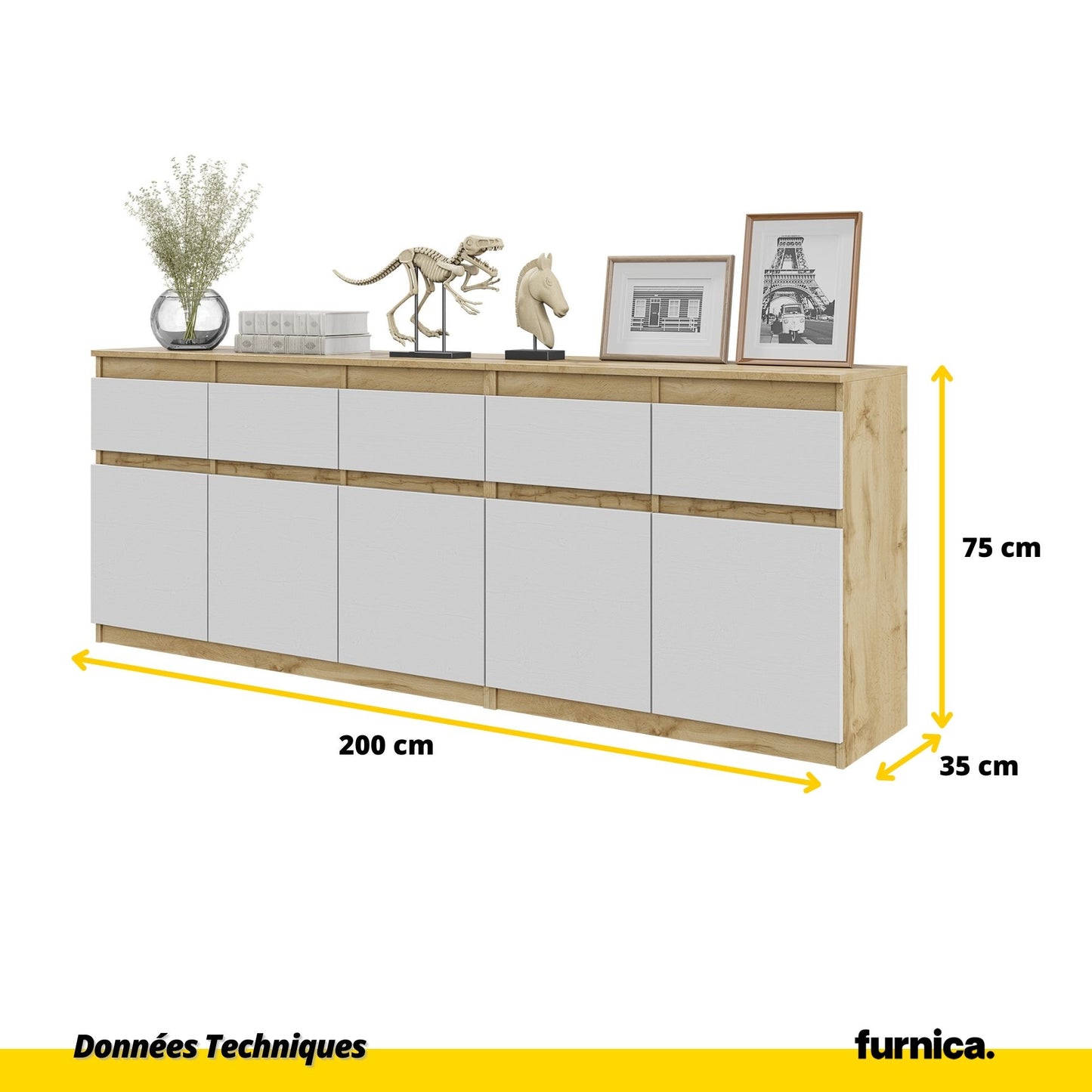 NOAH - Commode 5 Tiroirs et 5 Portes - Armoire de Rangement pour Couloir / Chambre à Coucher - Buffet - Chêne Wotan / Blanc Matt H75cm L200cm P35cm