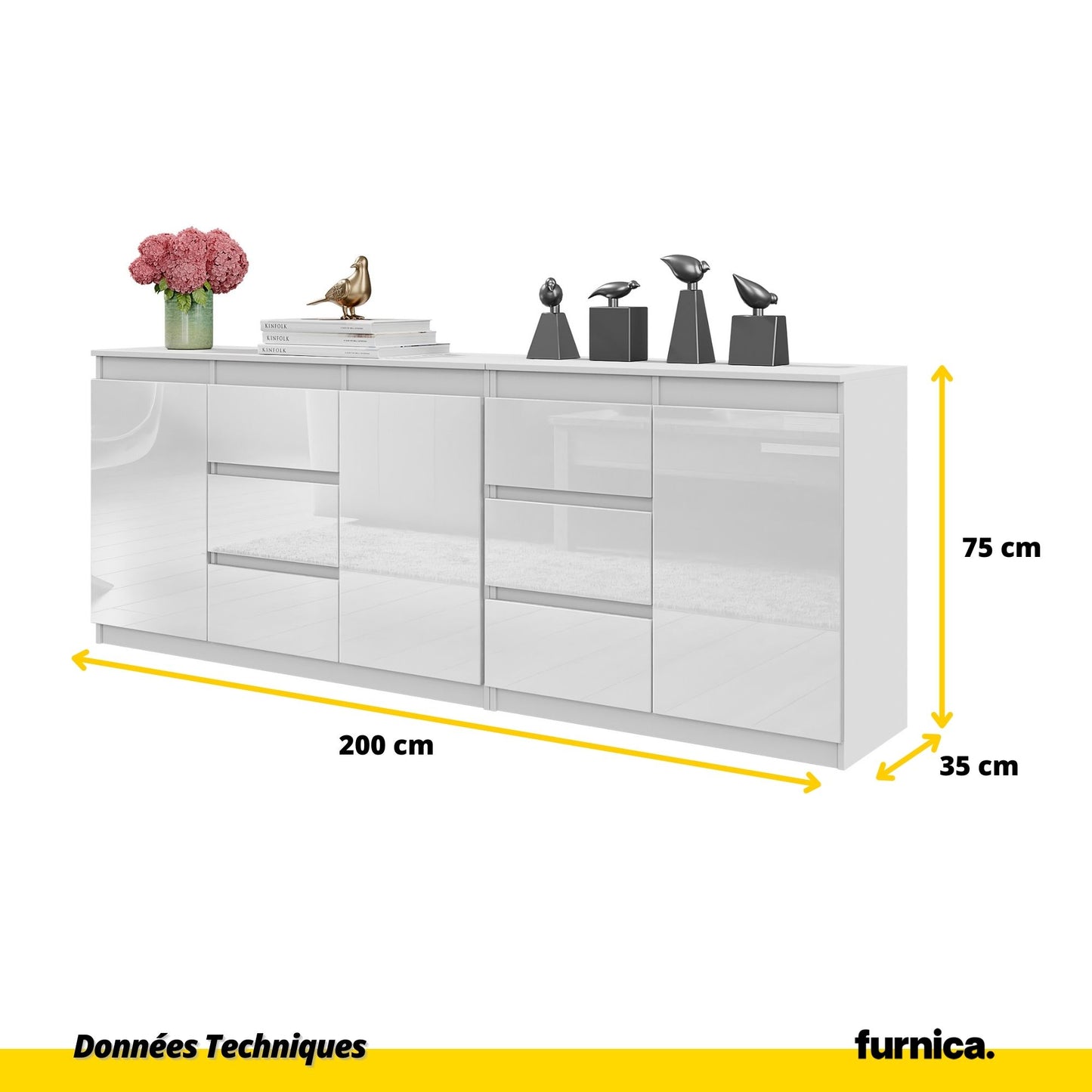 MIKEL - Commode 6 Tiroirs et 3 Portes - Armoire de Rangement pour Couloir / Chambre à Coucher - Buffet - Blanc Matt / Blanc Brillant H75cm L200cm P35cm