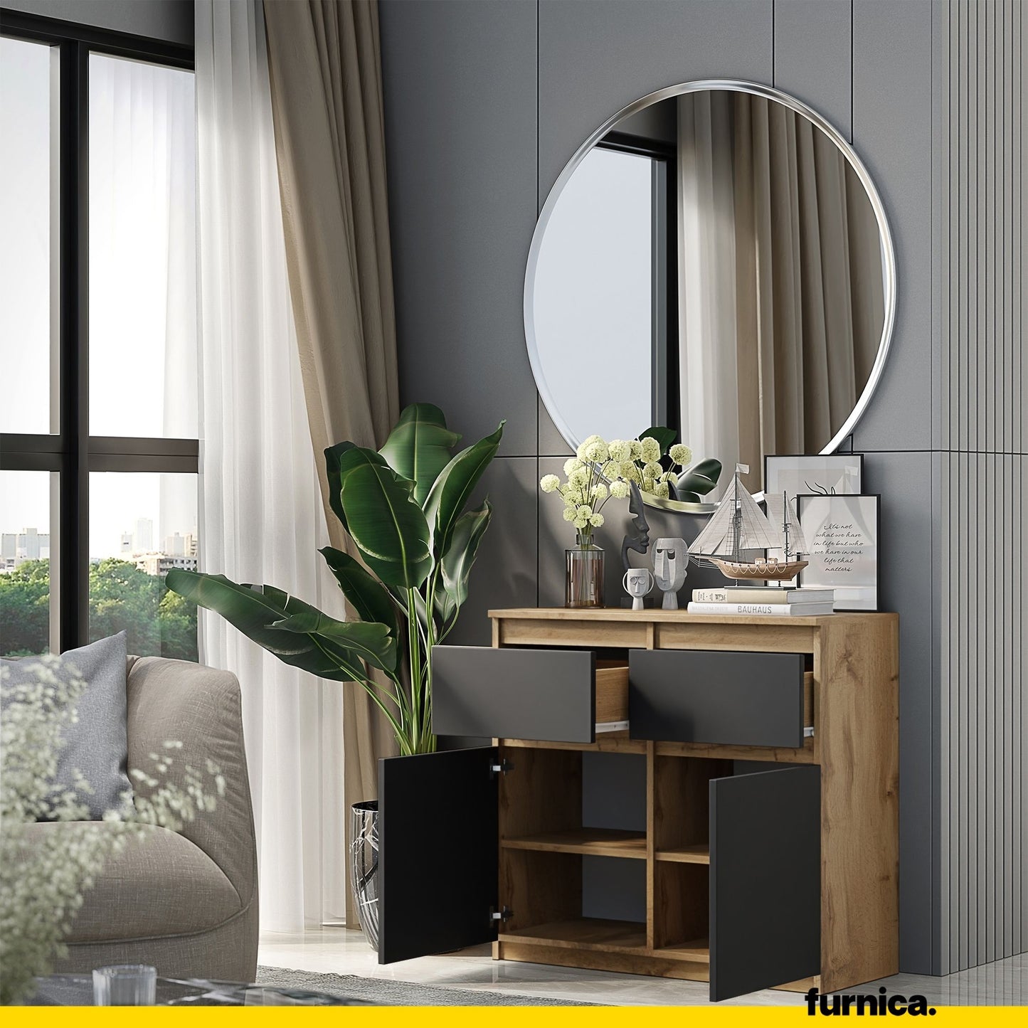 NOAH - Commode 2 Tiroirs et 2 Portes - Meuble de Rangement pour Couloir/Chambre - Buffet - H75cm L80cm P35cm (Chêne Wotan/Anthracite)