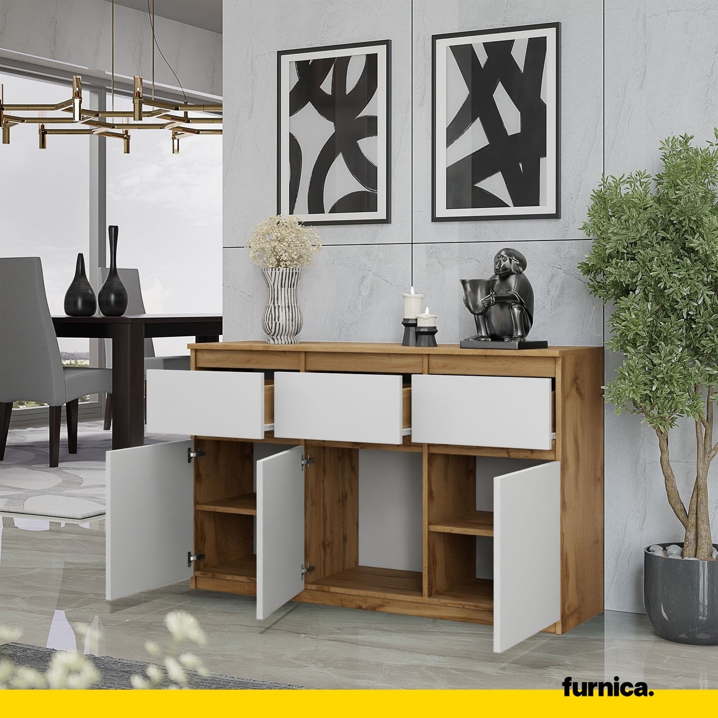 NOAH - Commode 3 Tiroirs et 3 Portes - Meuble de Rangement pour Couloir / Chambre - Buffet - H75cm L120cm P35cm (Chêne Wotan / Blanc)