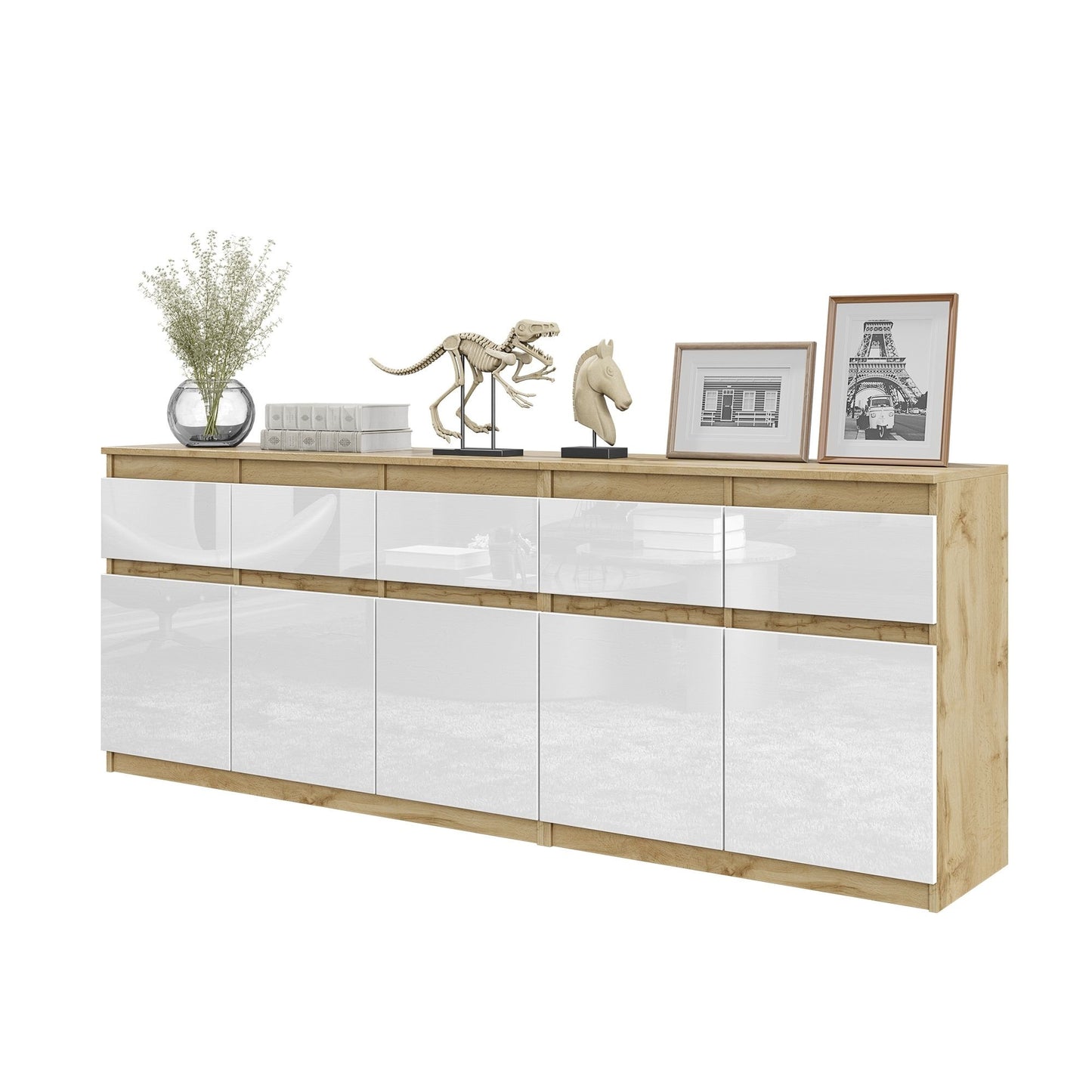 NOAH - Commode 5 Tiroirs et 5 Portes - Armoire de Rangement pour Couloir / Chambre à Coucher - Buffet - Chêne Wotan / Blanc Brillant H75cm L200cm P35cm