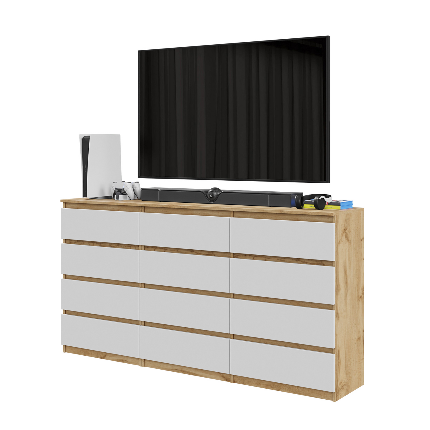 GABRIEL - Commode 12 Tiroirs (8+4) - H92cm L180cm P33cm (Chêne Wotan / Blanc Matt)