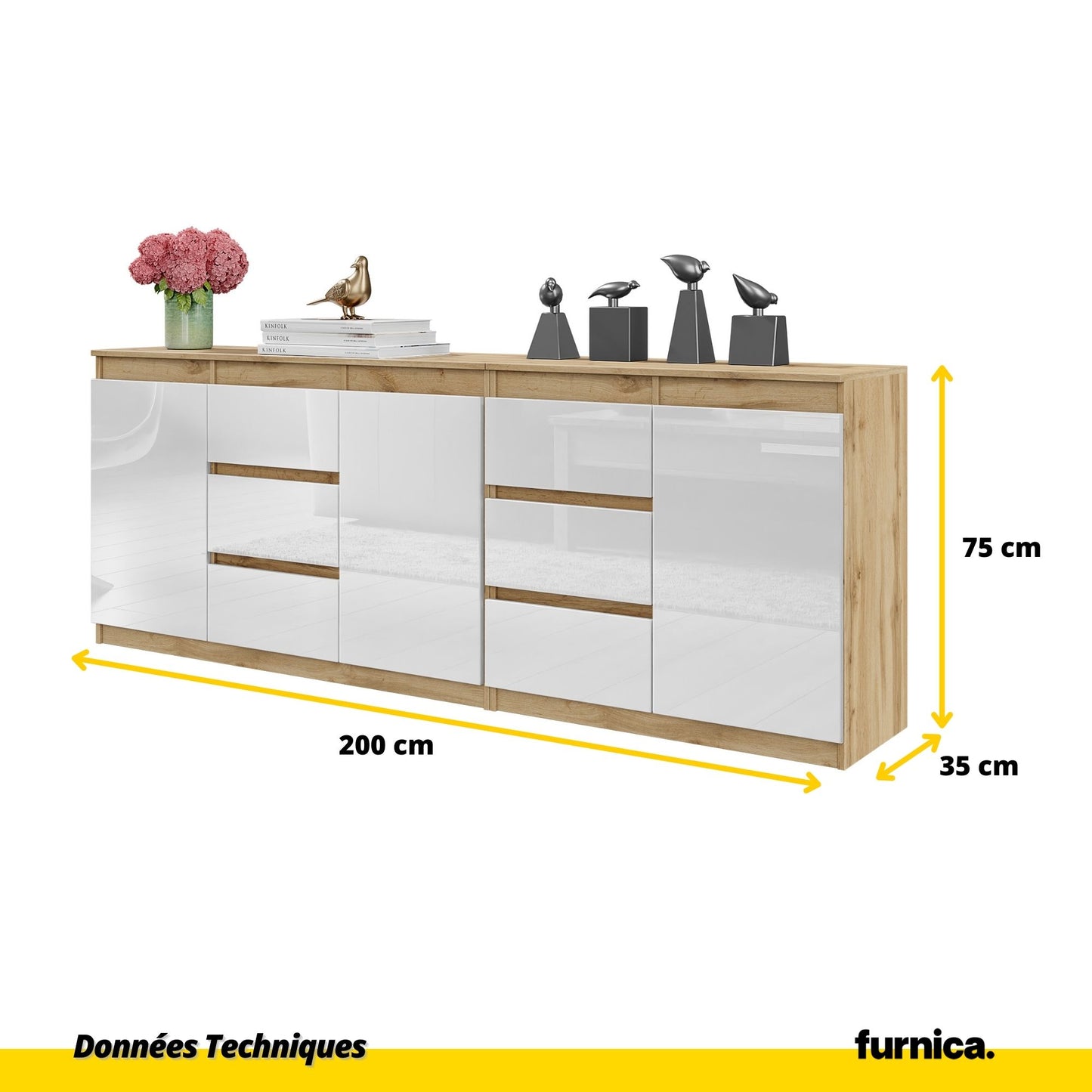 MIKEL - Commode 6 Tiroirs et 3 Portes - Armoire de Rangement pour Couloir / Chambre à Coucher - Buffet - Chêne Wotan / Blanc Brillant H75cm L200cm P35cm