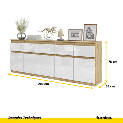 NOAH - Commode 5 Tiroirs et 5 Portes - Armoire de Rangement pour Couloir / Chambre à Coucher - Buffet - Chêne Wotan / Blanc Brillant H75cm L200cm P35cm