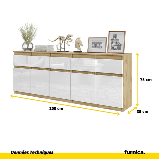 NOAH - Commode 5 Tiroirs et 5 Portes - Armoire de Rangement pour Couloir / Chambre à Coucher - Buffet - Chêne Wotan / Blanc Brillant H75cm L200cm P35cm