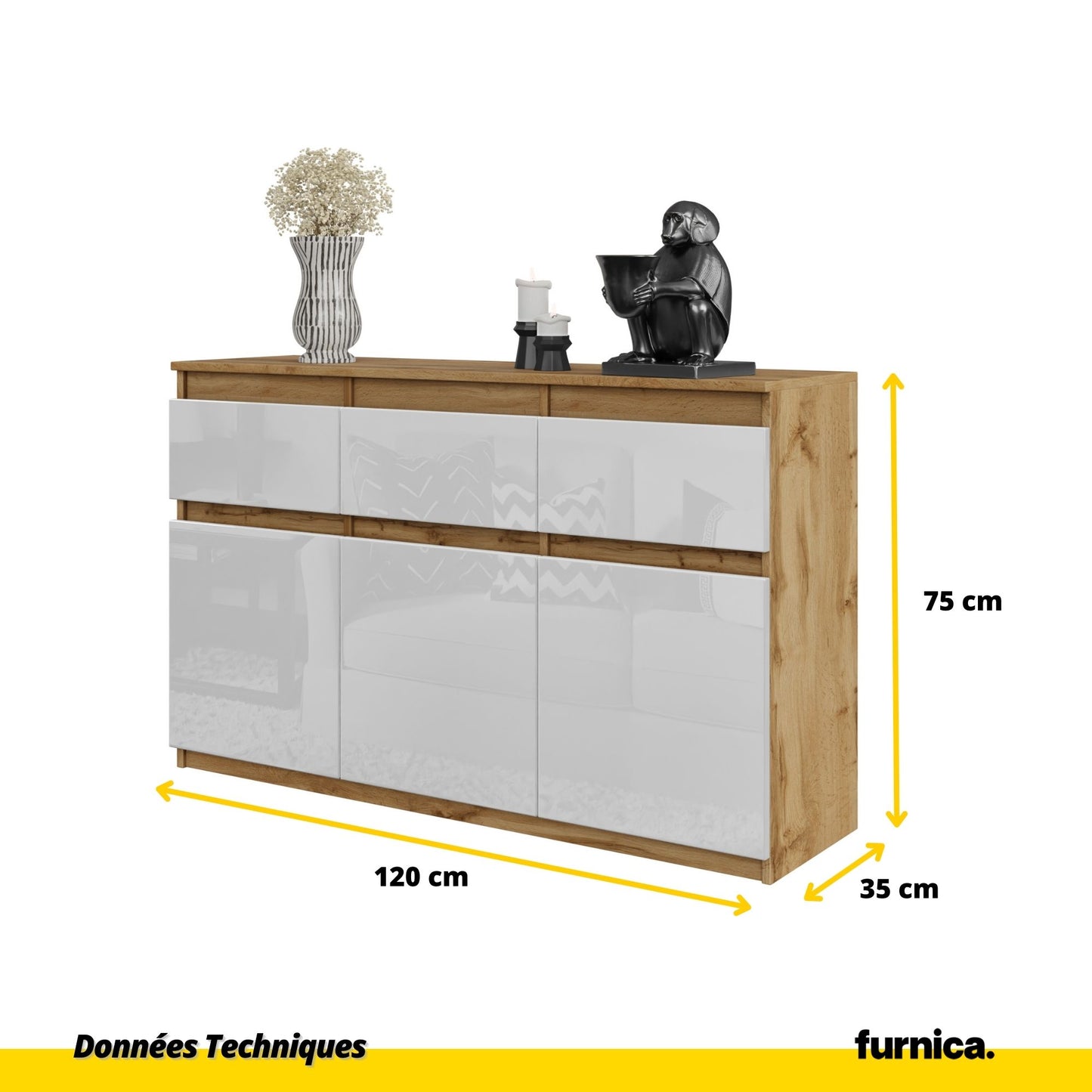 NOAH - Commode 3 Tiroirs et 3 Portes - Meuble de Rangement pour Couloir / Chambre - Buffet - H75cm L120cm P35cm (Chêne Wotan / Blanc Brillant)
