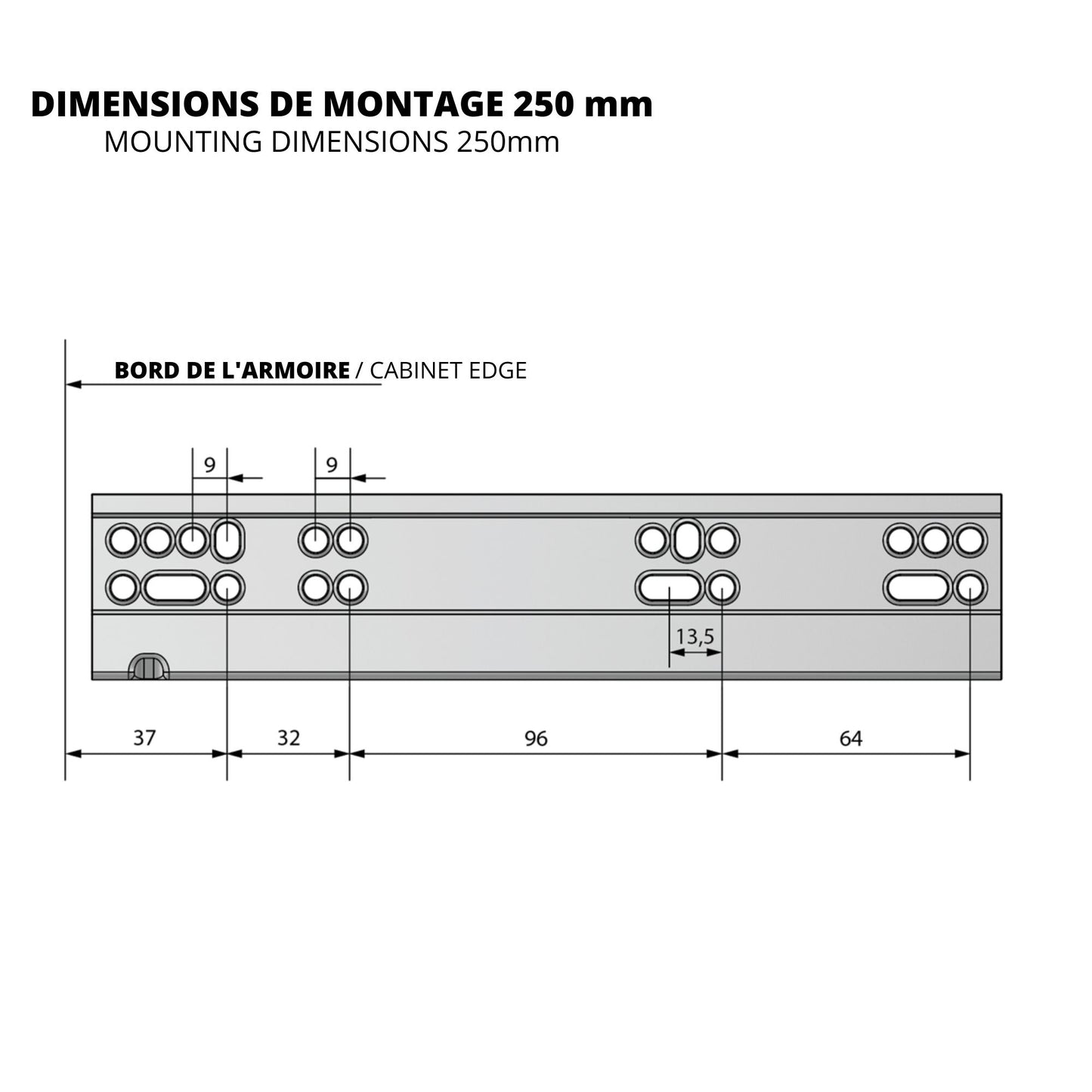 Ensemble de glissières dissimulée à fermeture silencieuse (gauche et droite), extension complète 250-600mm