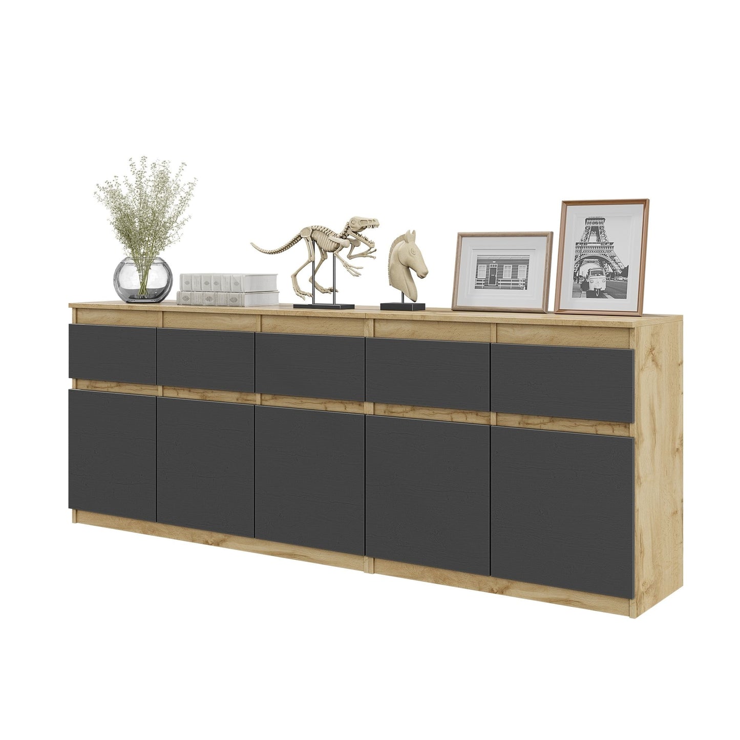 NOAH - Commode 5 Tiroirs et 5 Portes - Armoire de Rangement pour Couloir / Chambre à Coucher - Buffet - Chêne Wotan / Anthracite H75cm L200cm P35cm