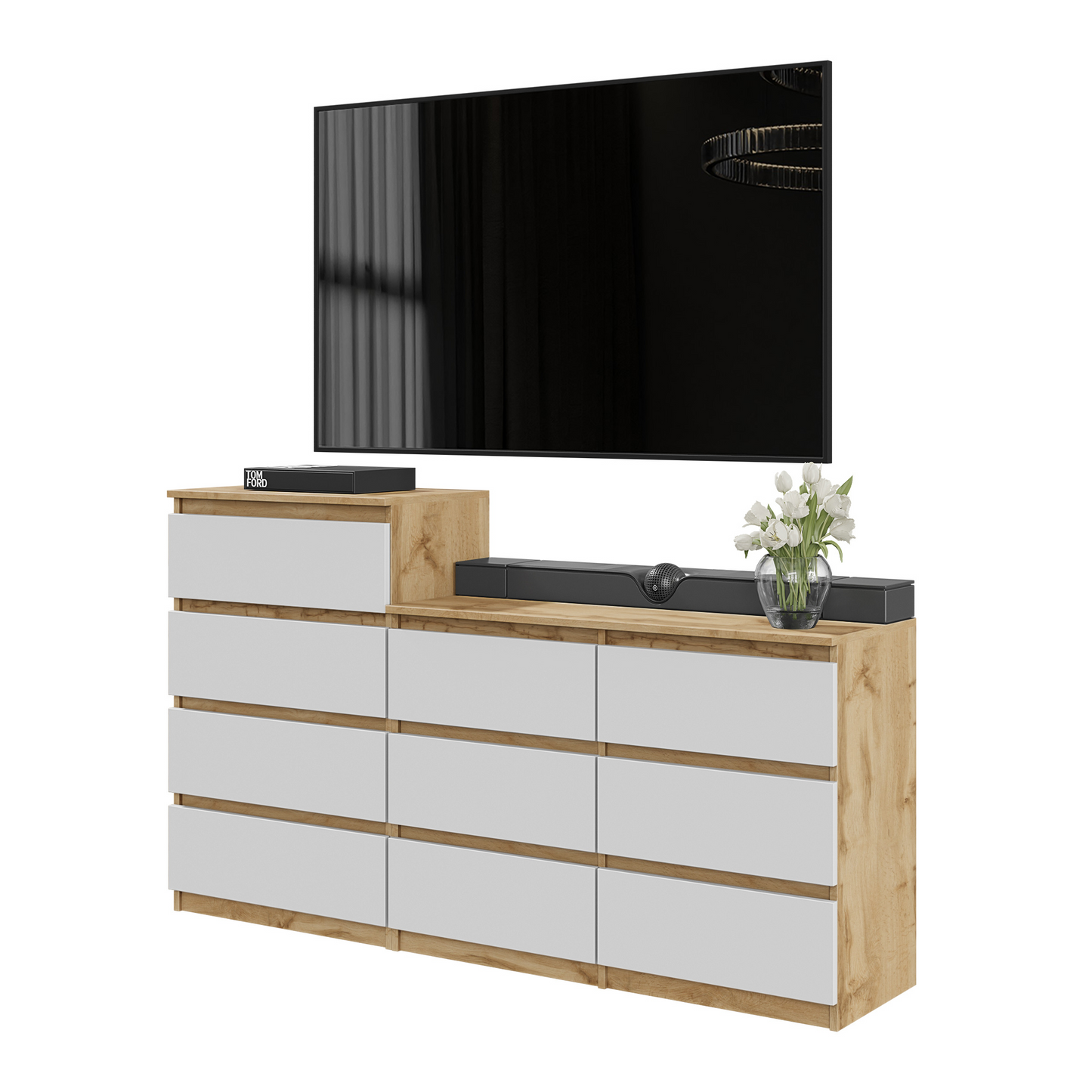 GABRIEL - Commode 10 Tiroirs (6+4) - H92/70 cm L160 cm P33 cm (Chêne Wotan / Blanc Matt)