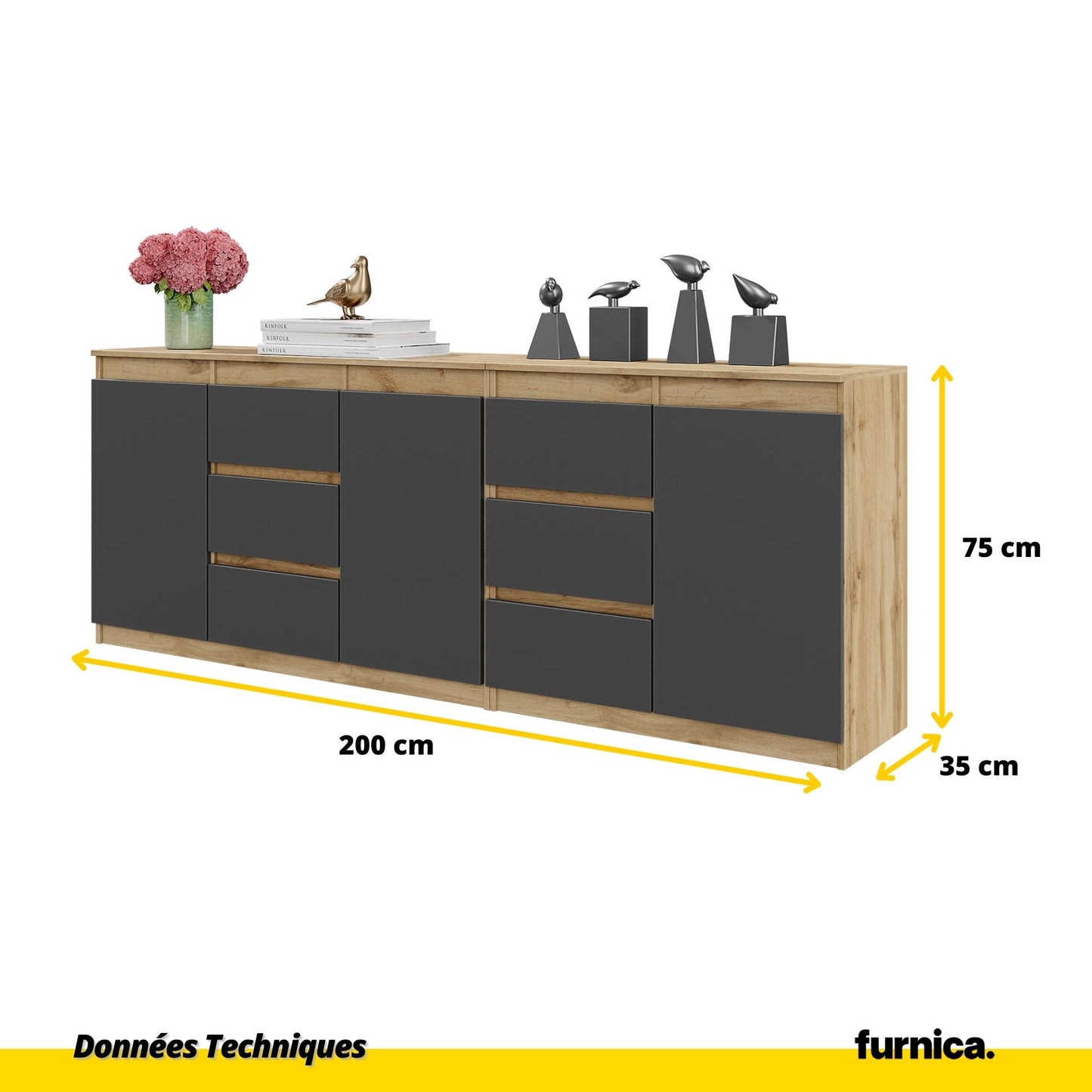 MIKEL - Commode 6 Tiroirs et 3 Portes - Armoire de Rangement pour Couloir / Chambre à Coucher - Buffet - Chêne Wotan / Anthracite H75cm L200cm P35cm