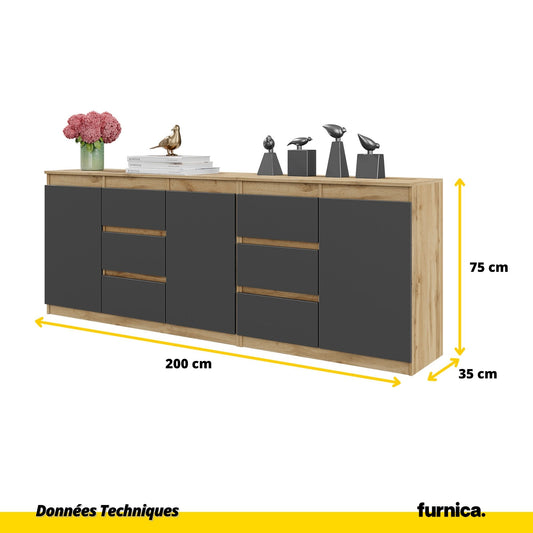 MIKEL - Commode 6 Tiroirs et 3 Portes - Armoire de Rangement pour Couloir / Chambre à Coucher - Buffet - Chêne Wotan / Anthracite H75cm L200cm P35cm