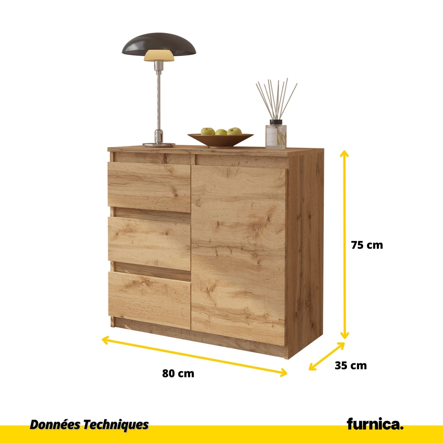 MIKEL - Commode 3 Tiroirs et 1 Porte - Armoire de Rangement pour Couloir / Chambre à Coucher - Buffet - H75cm L80cm P35cm (Chêne Wotan)