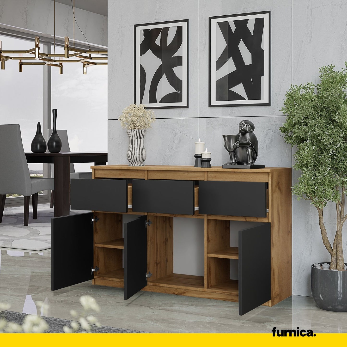 NOAH - Commode 3 Tiroirs et 3 Portes - Meuble de Rangement pour Couloir / Chambre - Buffet - H75cm L120cm P35cm (Chêne Wotan / Anthracite)