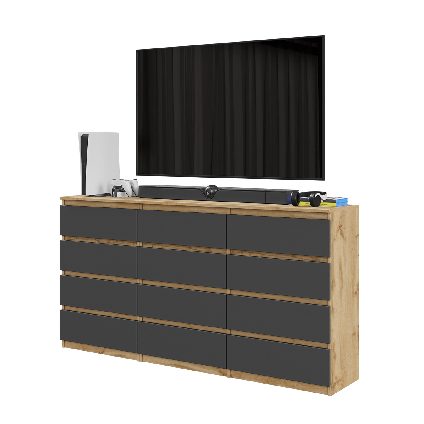 GABRIEL - Commode 12 Tiroirs (8+4) - H92cm L180cm P33cm (Chêne Wotan / Anthracite)