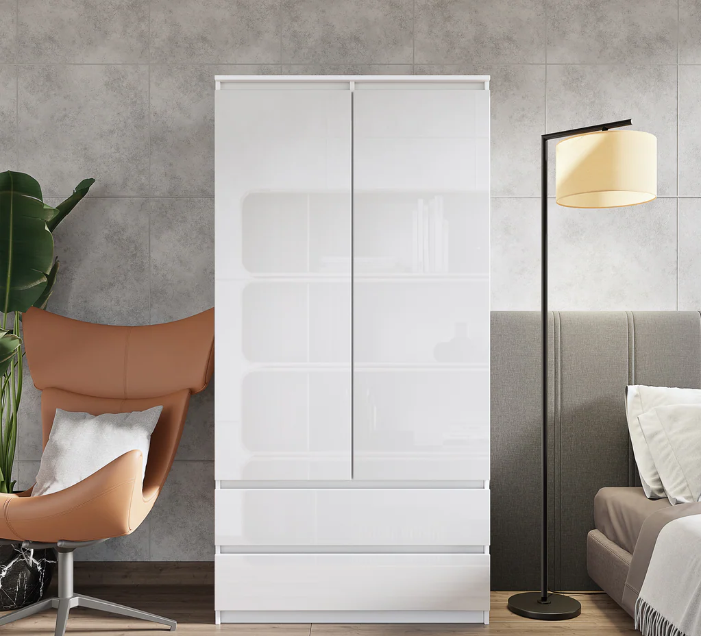 JOELLE - Armoire 2 Portes avec 2 Tiroirs - Blanc Matt / Blanc Brillant H180cm L90cm P50cm