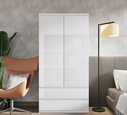 JOELLE - Armoire 2 Portes avec 2 Tiroirs - Blanc Matt / Blanc Brillant H180cm L90cm P50cm