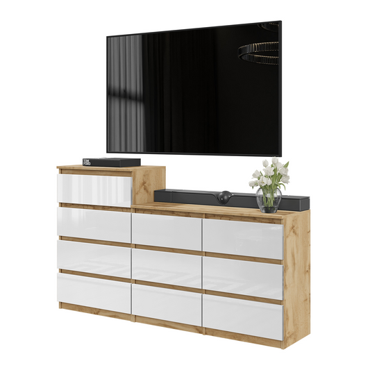 GABRIEL - Commode 10 Tiroirs (6+4) - H92/70 cm L160 cm P33 cm (Chêne Wotan / Blanc Brillant)