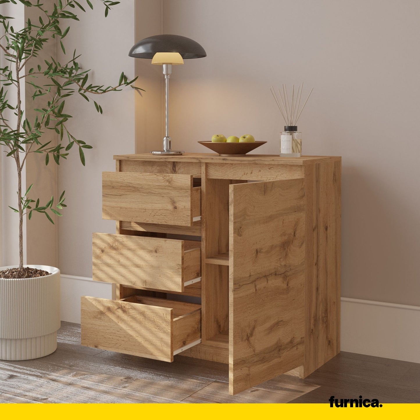 MIKEL - Commode 3 Tiroirs et 1 Porte - Armoire de Rangement pour Couloir / Chambre à Coucher - Buffet - H75cm L80cm P35cm (Chêne Wotan)