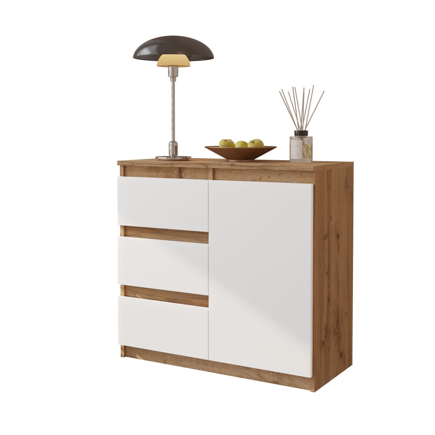 MIKEL - Commode 3 Tiroirs et 1 Porte - Armoire de Rangement pour Couloir / Chambre à Coucher - Buffet - H75cm L80cm P35cm (Chêne Wotan / Blanc)