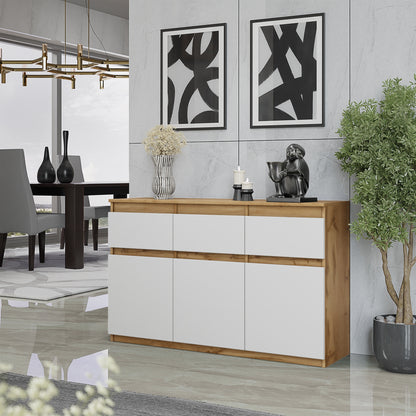 NOAH - Commode 3 Tiroirs et 3 Portes - Meuble de Rangement pour Couloir / Chambre - Buffet - H75cm L120cm P35cm (Chêne Wotan / Blanc)