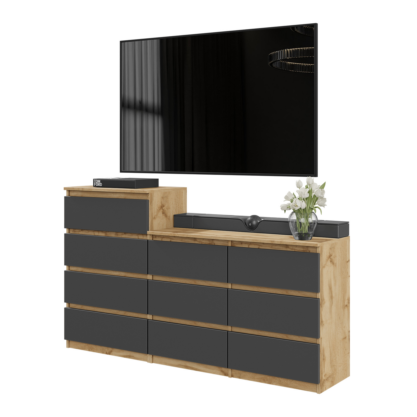 GABRIEL - Commode 10 Tiroirs (6+4) - H92/70 cm L160 cm P33 cm (Chêne Wotan / Anthracite)