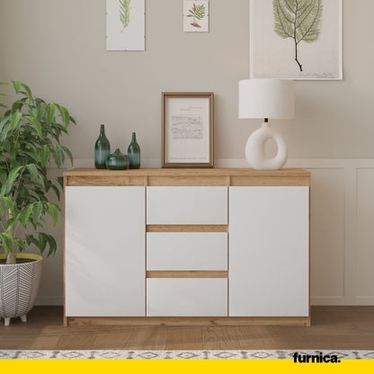 MIKEL - Commode 3 Tiroirs et 2 Portes - Armoire de Rangement pour Couloir / Chambre à Coucher - Buffet - H75cm L120cm P35cm (Chêne Wotan / Blanc)