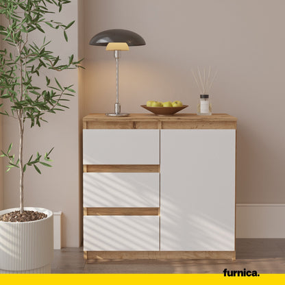 MIKEL - Commode 3 Tiroirs et 1 Porte - Armoire de Rangement pour Couloir / Chambre à Coucher - Buffet - H75cm L80cm P35cm (Chêne Wotan / Blanc)