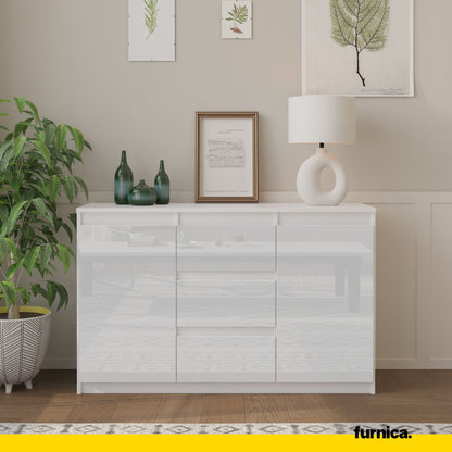 MIKEL - Commode 3 Tiroirs et 2 Portes - Armoire de Rangement pour Couloir/Chambre à Coucher - Buffet - H75cm L120cm P35cm (Blanc Matt/Blanc Brillant)