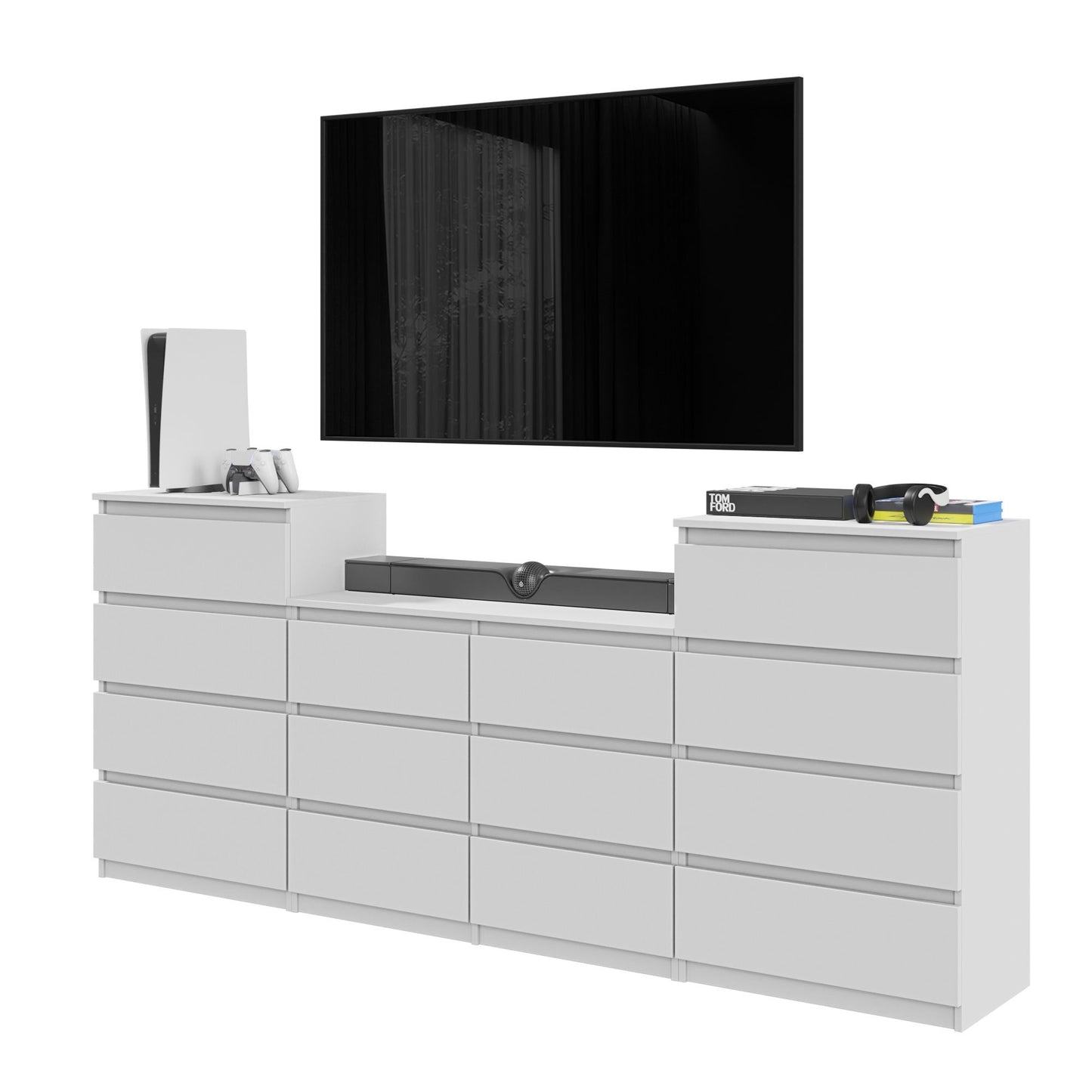 GABRIEL - Commode 14 Tiroirs (4+6+4) - H92cm L220cm P33cm (Blanc)