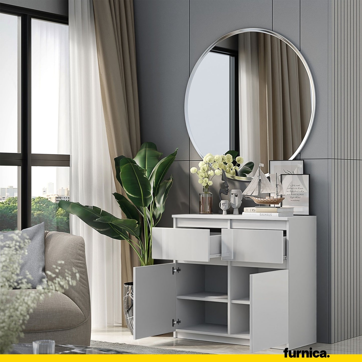 NOAH - Commode 2 Tiroirs et 2 Portes - Meuble de Rangement pour Couloir/Chambre - Buffet - H75cm L80cm P35cm (Blanc Matt/Blanc Brillant)