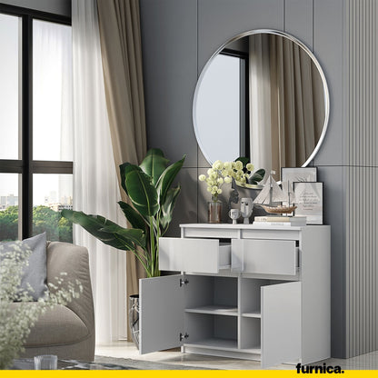 NOAH - Commode 2 Tiroirs et 2 Portes - Meuble de Rangement pour Couloir/Chambre - Buffet - H75cm L80cm P35cm (Blanc Matt/Blanc Brillant)